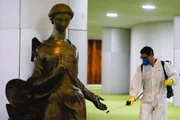 Carpete de esculturas do Salão Verde também passou por desinfecção 