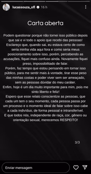 "Me sinto liberto e feliz", afirma Lucas Souza ao se assumir bissexual