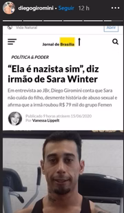 Stories de Diego Giromini, irmão de Sara "Winter" Giromini