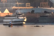 Equipes de resgate no rio Potomac, em Washington, após colisão entre avião e helicóptero