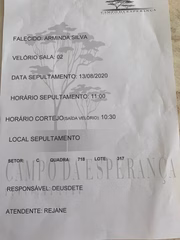 Documento sobre o velório e sepultamento de Arminda