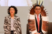 Secretária do MJ, Marta Machado, e secretário do MPI, Eloy Terena, em lançamento de edital