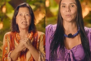 Celina Kashiura no lado esquerdo, de laranja. No lado direito, Ioná Sousa, de roupa roxa