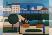 Tela "São Paulo", de Tarsila do Amaral. Acervo da Pinacoteca do Estado de São Paulo. Naquele ano, 1925, Tarsila utilizava uma geometrização dos elementos, da realidade viva. 