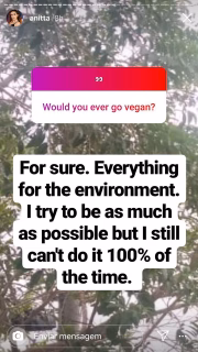 P: "Você se tornaria vegana um dia?" R: "Com certeza. Tudo pelo meio ambiente. Eu tento o máximo que posso, mas ainda não consigo ser 100% do tempo"