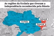 Arte mostra, em azul, o território da Ucrânia e em vermelho a regiões separatistas do país, Luhansk e Donetsk que obtiveram sua independência conforme o governo russo