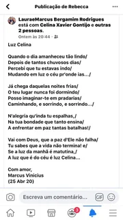 Marido da enteada de Celina, Marcus Vinicius Bergamin publicou nas redes sociais uma poesia em homenagem à aposentada