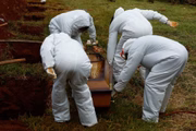 Coveiros de cemitério de Goiânia enterram vítima de Covid-19