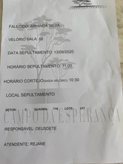Documento sobre o velório e sepultamento de Arminda