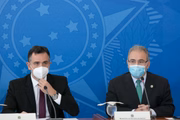 Presidente do Senado, Rodrigo Pacheco (DEM-MG), e ministro da Saúde, Marcelo Queiroga, falam à imprensa após 2ª reunião do comitê de enfrentamento à Covid-19