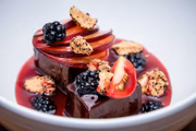 Marquise de chocolate com frutas vermelhas, merengue perfumado com hibisco e molho de mel e hibisco