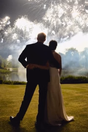 Casal assiste à queima de fogos em celebração ao casamento