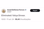 Publicação na rede social X, feita pelas Forças de Defesa Israeleses