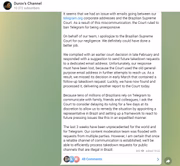 Postagem do dono do Telegram pedindo desculpas ao STF