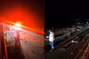 Destroços do ônibus e objetos dos passageiros ficaram espalhados na pista
