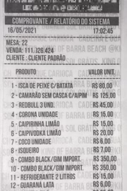 A conta do grupo, com total de R$ 1.555,40, foi paga com cartão de débito, cerca de 11 minutos antes de acionarem o Corpo de Bombeiros