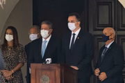 Após almoço na Residência Oficial do Senado, Rodrigo Pacheco, presidente do Senado Federal, Flávia Arruda, Ministro Paulo Guedes, Arthur Lira, presidente da Câmara e o Ministro Luiz Eduardo Ramos falam com a TV Senado