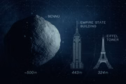 Comparação mostra o tamanho do Bennu em relação ao Empire State, de Nova York, e a Torre Eifell, de Paris