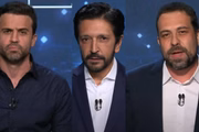 Ricardo Nunes (MDB), Guilherme Boulos (PSol) e Pablo Marçal (PRTB) em debate na Band