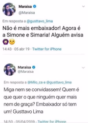 Em entrevista a uma rádio, Simone disse que Maiara a procurou para pedir desculpas pelo comentário venenoso da irmã. "Depois Maraisa também me ligou se explicando e dizendo que na verdade o problema dela não era com a gente, mas com o dono do evento, que tinha prometido o título [de embaixadoras] para elas e acabou passando para gente. Foi uma surpresa muito grande pra gente", contou