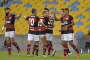 O jogador Pedro Rocha do Flamengo comemora gol durante a partida entre Bangu e Flamengo, válido pelo Campeonato Carioca 2020, realizado no estádio Maracanã, Rio de Janeiro no dia 18/06