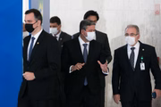 Coletiva sobre a reunião do comitê de combate à Covid-19. Presidente da Câmara, Arthur Lira; presidente do Senado, Rodrigo Pacheco; e ministro da Saúde, Marcelo Queiroga