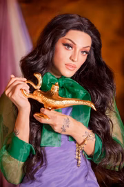 A cantora mergulhou no universo de Aladdin com roupas em cores vivas e acessórios exuberantes