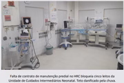 Falta de contrato de manutenção predial no HRC bloqueia cinco leitos da Unidade de Cuidados Intermediários Neonatal