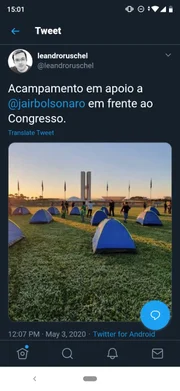 Postagem no Twitter registra acampamento na Esplanada
