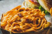 Batata frita com cobertura de cheddar e bacon