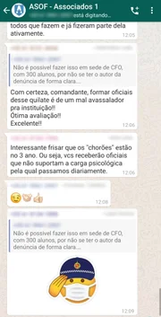 Em uma mensagem, os cadetes foram citados como "chorões"