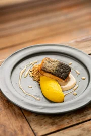 Salmão Cabotiá: salmão grelhado, purê de abobora cabotiá, farofa de castanhas e infusão de alho tostado