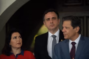 Tebet e o ministro da Fazenda, Fernando Haddad, se reuniram nesta terça-feira (11/7) com Rodrigo Pacheco para definir próximos passos da PEC da reforma tributária