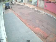 O cão disparou atrás de um gato que estava na frente de um portão de garagem de uma casa para atacá-lo
