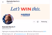 As redes sociais de Kamala Harris exibem o slogan "Let's win this" (vamos vencer essa), juntamente com a frase "Harris for President