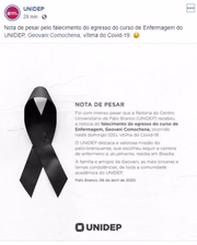 A Reitoria do Centro Universitário de Pato Branco (Unidep) comunicou o falecimento do enfermeiro Geovani Comochena, vítima da Covid-19, em nota de pesar divulgada na manhã desta segunda-feira (06/04)